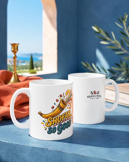 Rosh Hashanah Shofar Ceramic Mug — “Shofar, So Good” Funny Jewish Holiday Design, 11oz - Mug - Image 2