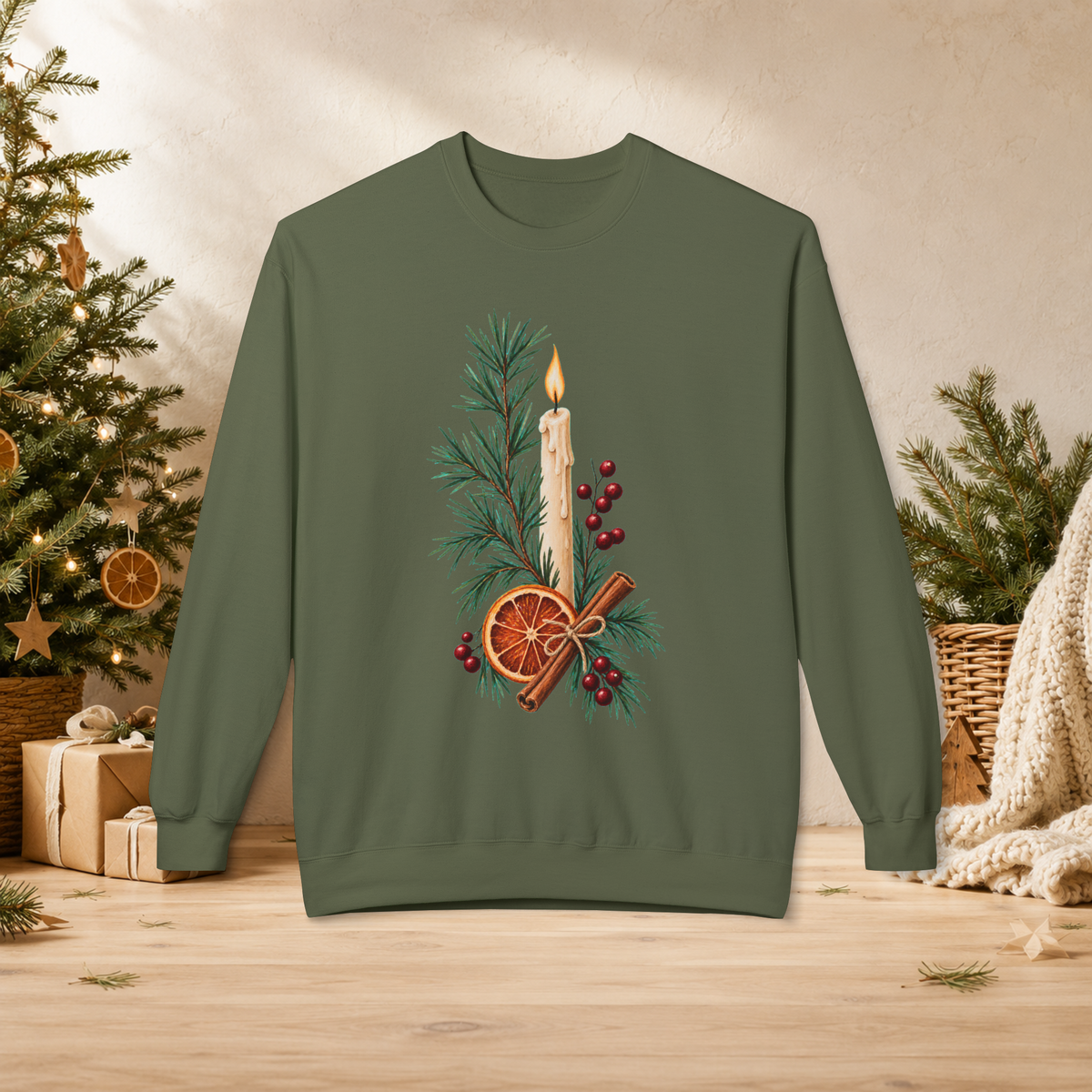Christmas Candle & Orange Crewneck Sweatshirt - Festive Pine, Dried Citrus & Cinnamon Holiday Design - Sweatshirt - Image 9