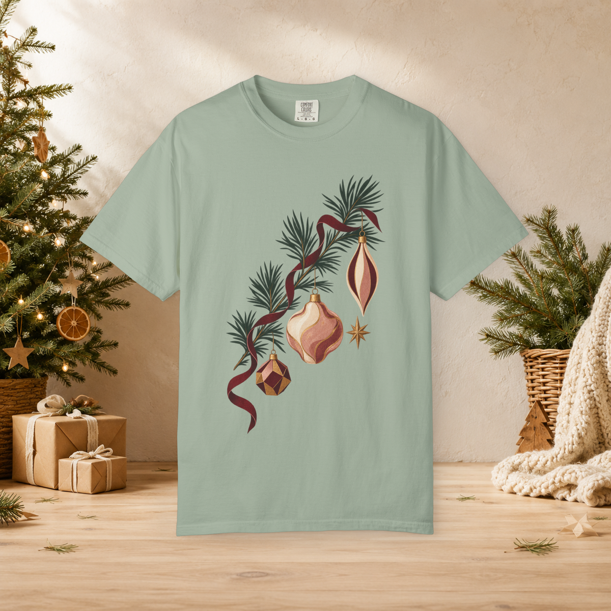 Unisex Adult Christmas Ornament T-Shirt — Vintage Pine Branch Holiday Tee - T-Shirt - Image 9
