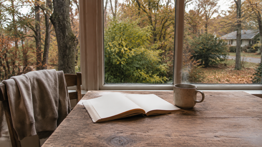 Open book, ceramic mug, and warm sweatshirt beside a window overlooking autumn trees