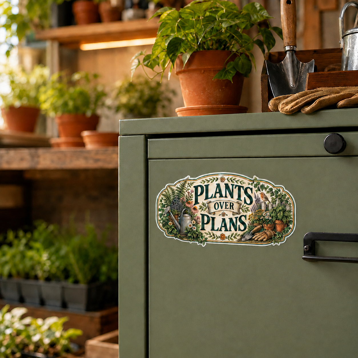 Plants Over Plans vintage botanical gardening sticker with flowers, gardening tools, plants and a bird