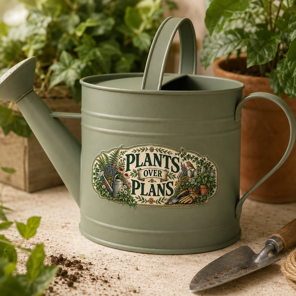 Plants Over Plans gardening sticker displayed on a sage green watering can surrounded by indoor plants