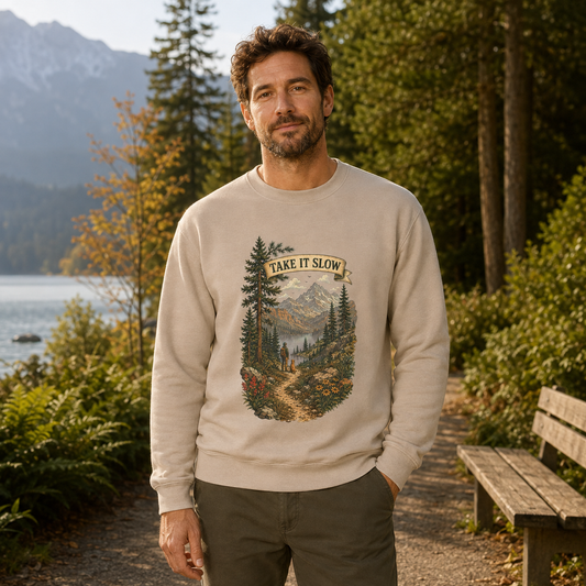Take It Slow Mountain Sweatshirt — Vintage Hiking Crewneck - Sweatshirt - Image 1