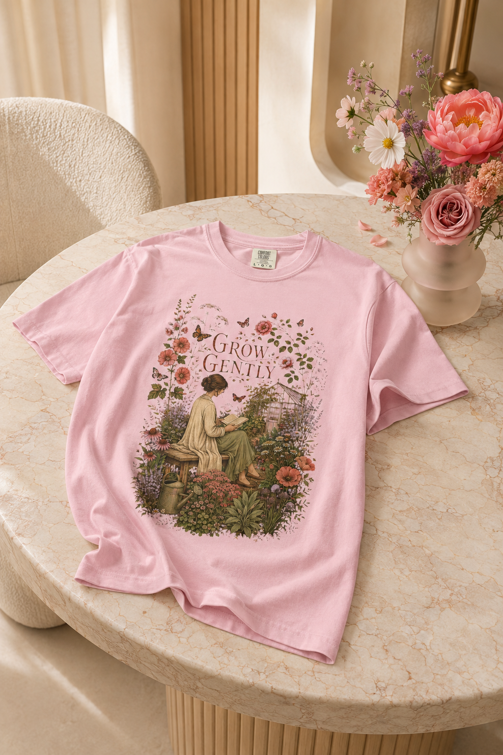 Grow Gently T-Shirt — Vintage Floral Garden Tee - T-Shirt - Image 1