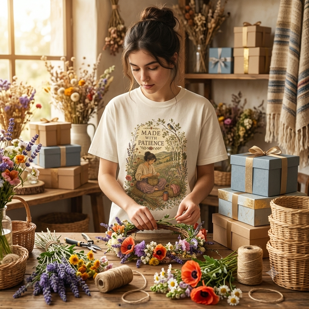 Made With Patience T-Shirt — Vintage Wildflower & Craft Graphic Tee - T-Shirt - Image 3
