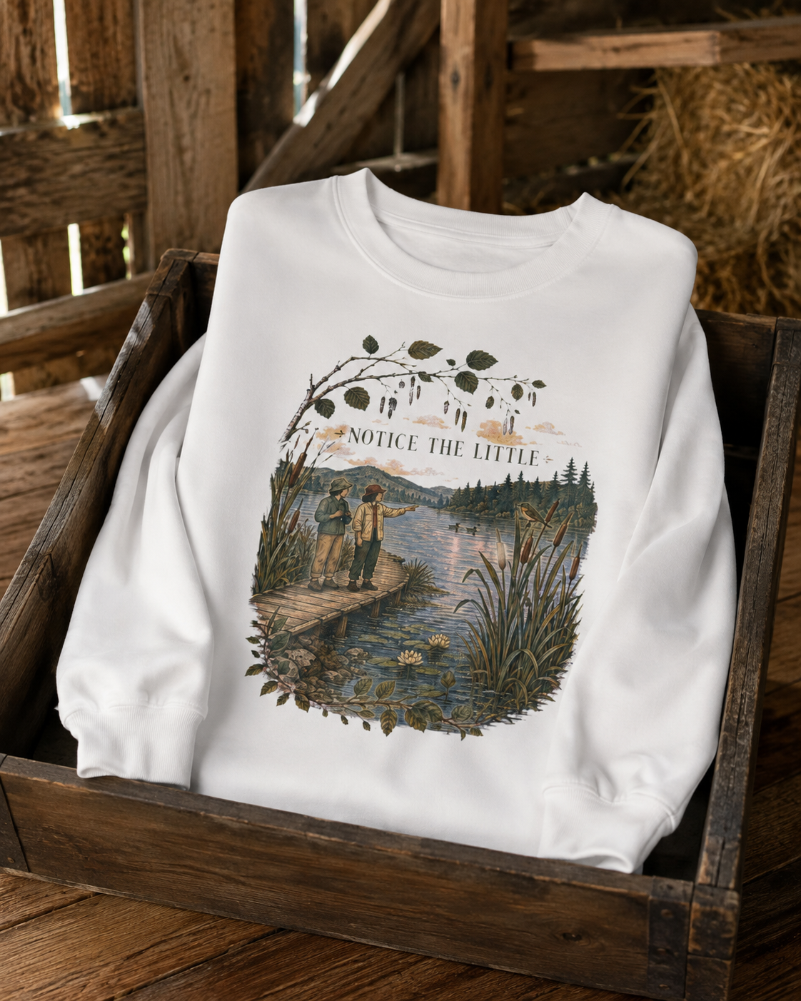 Notice the Little Things Unisex Crewneck Sweatshirt — Vintage Scenic Lake Design - Sweatshirt - Image 1