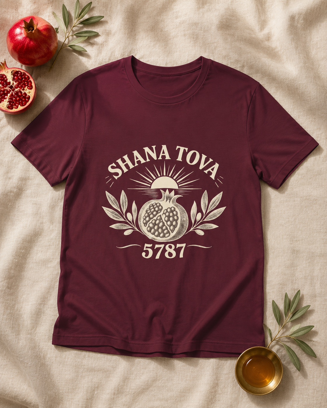 Shana Tova 5787 Pomegranate Unisex Tee — Rosh Hashanah Holiday T-Shirt - T-Shirt - Image 1