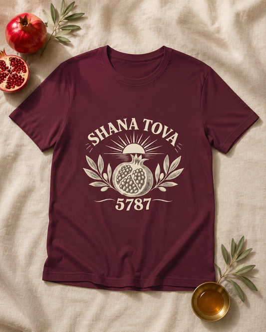 Shana Tova 5787 Pomegranate Unisex Tee — Rosh Hashanah Holiday T-Shirt - T-Shirt - Image 1