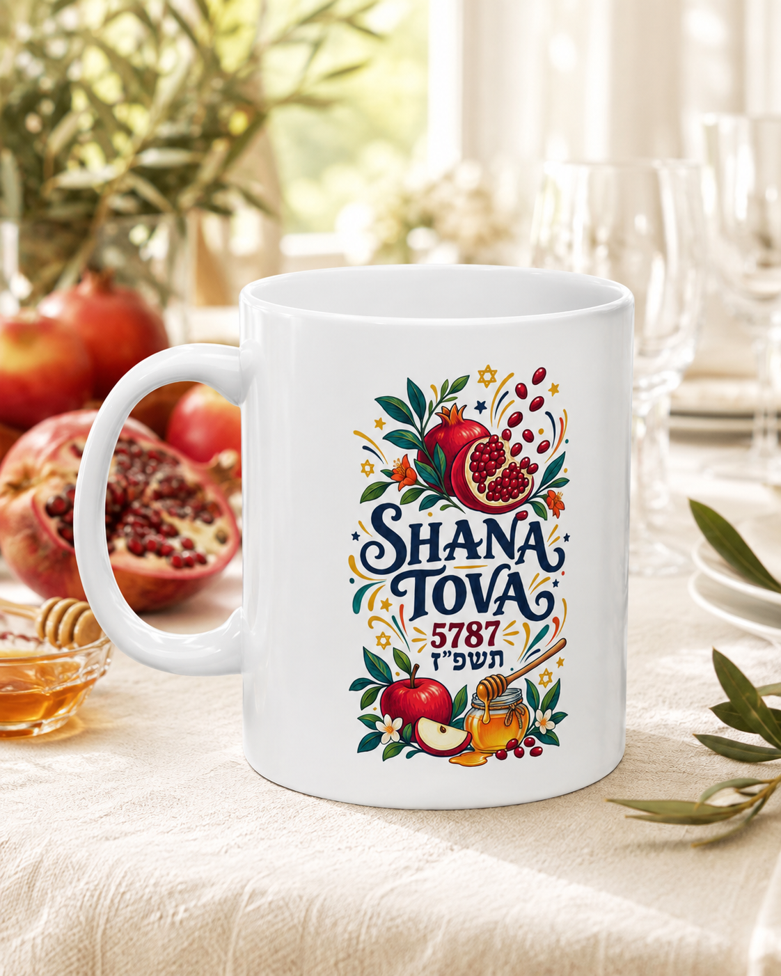 Shana Tova 5787 Mug – Colorful Rosh Hashanah Pomegranate, Apple & Honey Ceramic Cup - Mug - Image 1