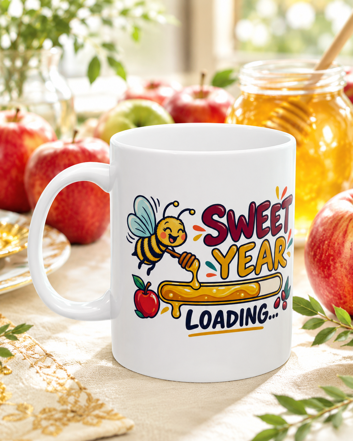 Shana Tova Ceramic Mug — “Sweet Year Loading…” Cute Bee, Apple & Honey Design, 11oz - Mug - Image 1