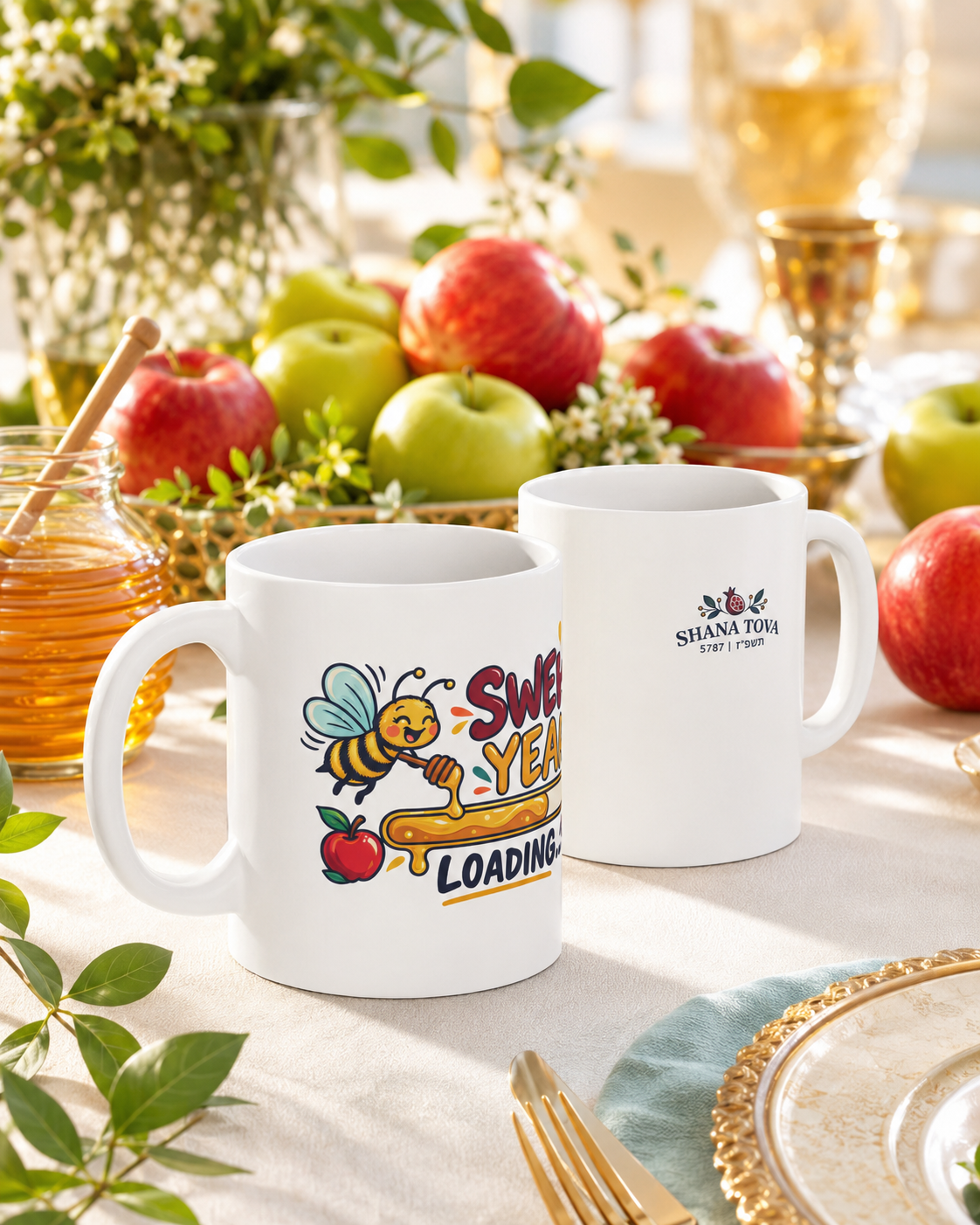 Shana Tova Ceramic Mug — “Sweet Year Loading…” Cute Bee, Apple & Honey Design, 11oz - Mug - Image 3