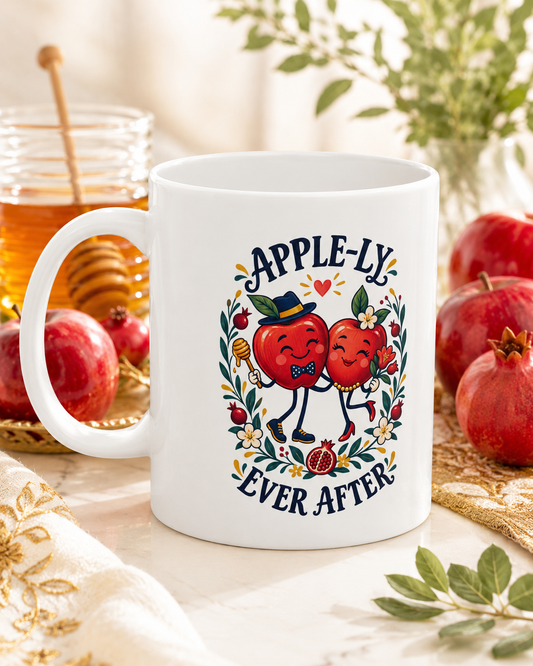 Rosh Hashanah Ceramic Mug — “Apple-ly Ever After” Cute Apple Couple & Honey Design, 11oz - Mug - Image 1