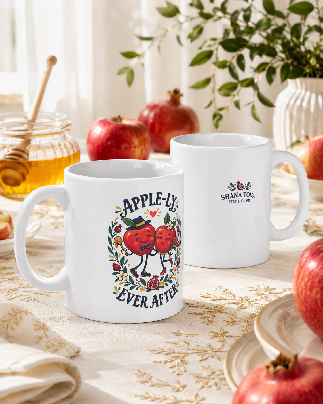 Rosh Hashanah Ceramic Mug — “Apple-ly Ever After” Cute Apple Couple & Honey Design, 11oz - Mug - Image 2