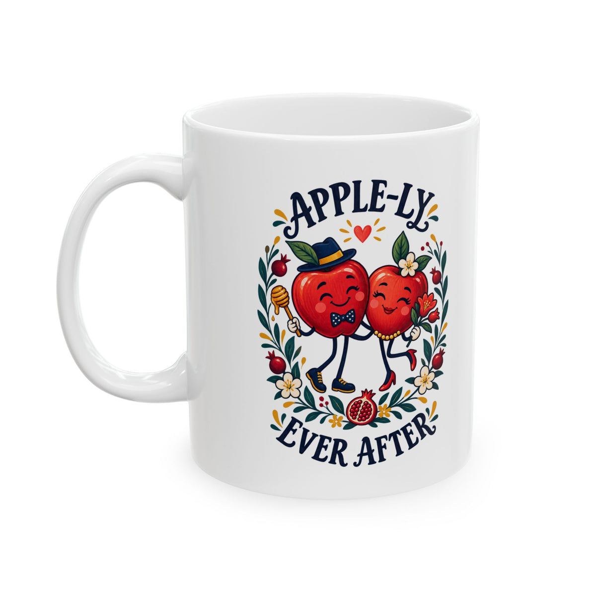 Rosh Hashanah Ceramic Mug — “Apple-ly Ever After” Cute Apple Couple & Honey Design, 11oz - Mug - Image 3