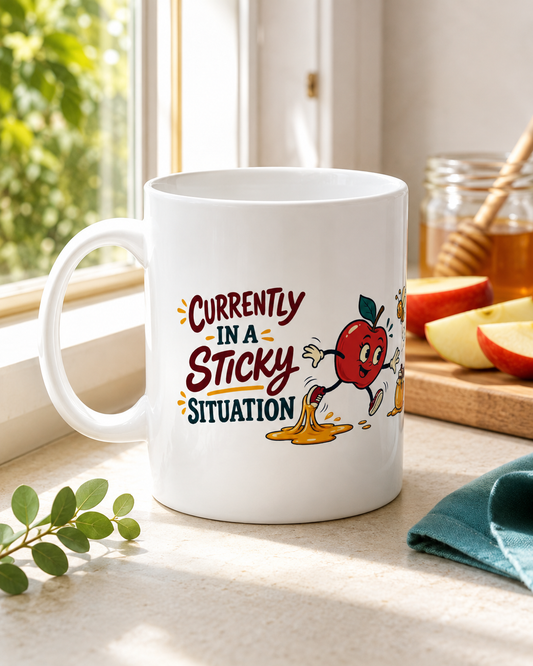 Rosh Hashanah Ceramic Mug — “Currently in a Sticky Situation” Funny Apple & Honey Design, 11oz - Mug - Image 1