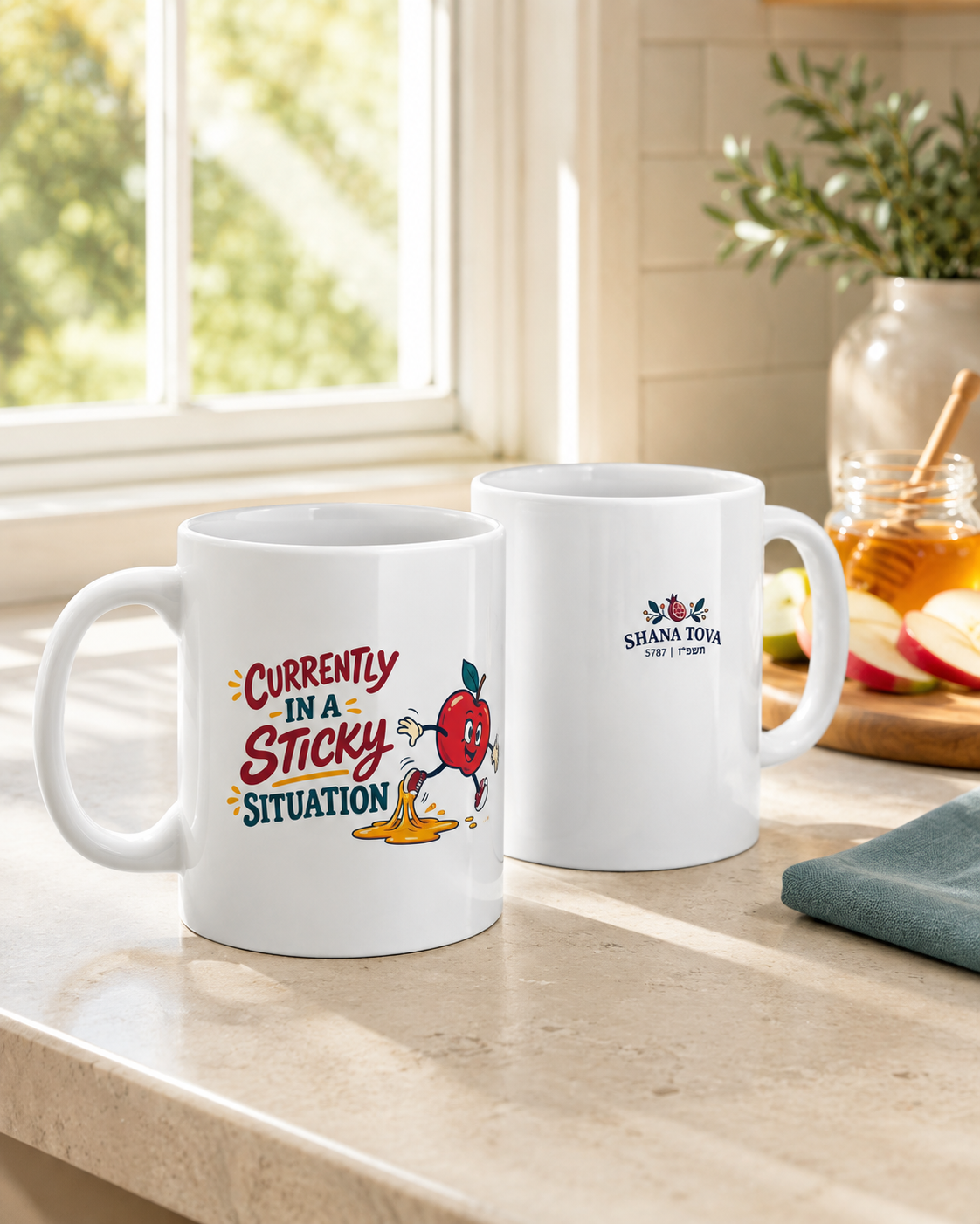 Rosh Hashanah Ceramic Mug — “Currently in a Sticky Situation” Funny Apple & Honey Design, 11oz - Mug - Image 2