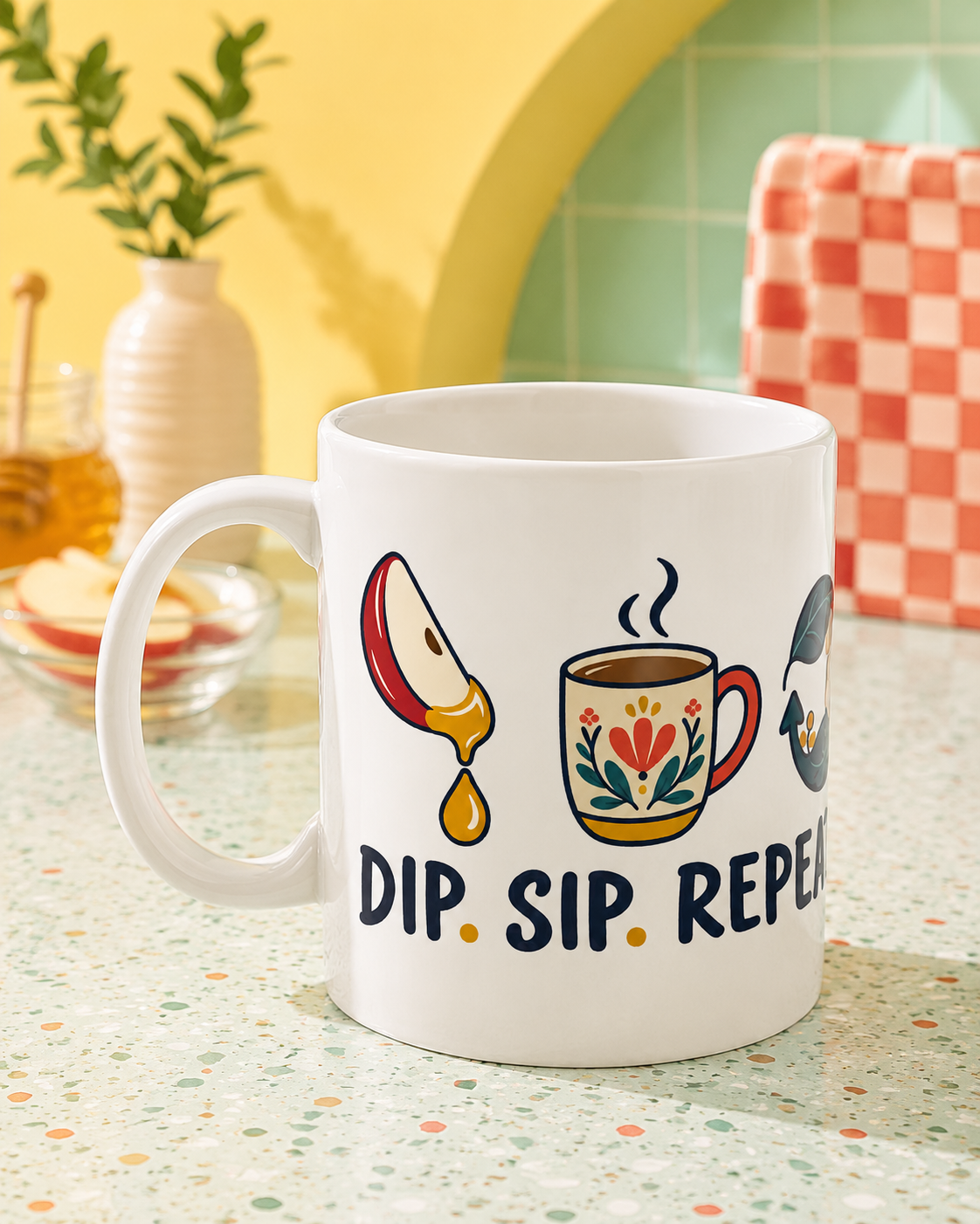 Rosh Hashanah Ceramic Mug — “Dip. Sip. Repeat.” Apple & Honey Jewish New Year Design, 11oz - Mug - Image 1