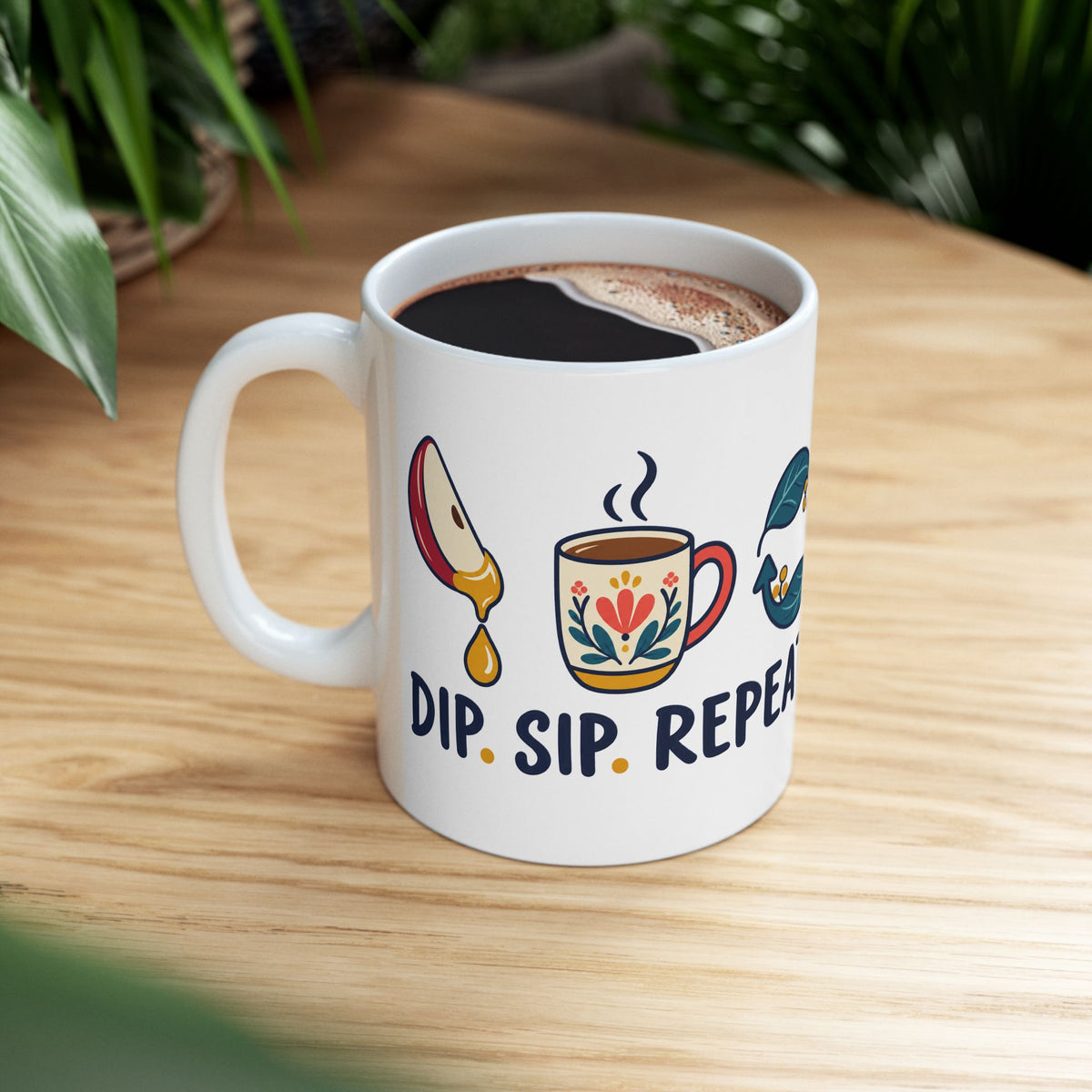 Rosh Hashanah Ceramic Mug — “Dip. Sip. Repeat.” Apple & Honey Jewish New Year Design, 11oz - Mug - Image 2