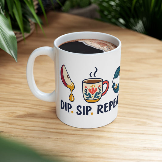 Rosh Hashanah Ceramic Mug — “Dip. Sip. Repeat.” Apple & Honey Jewish New Year Design, 11oz - Mug - Image 2