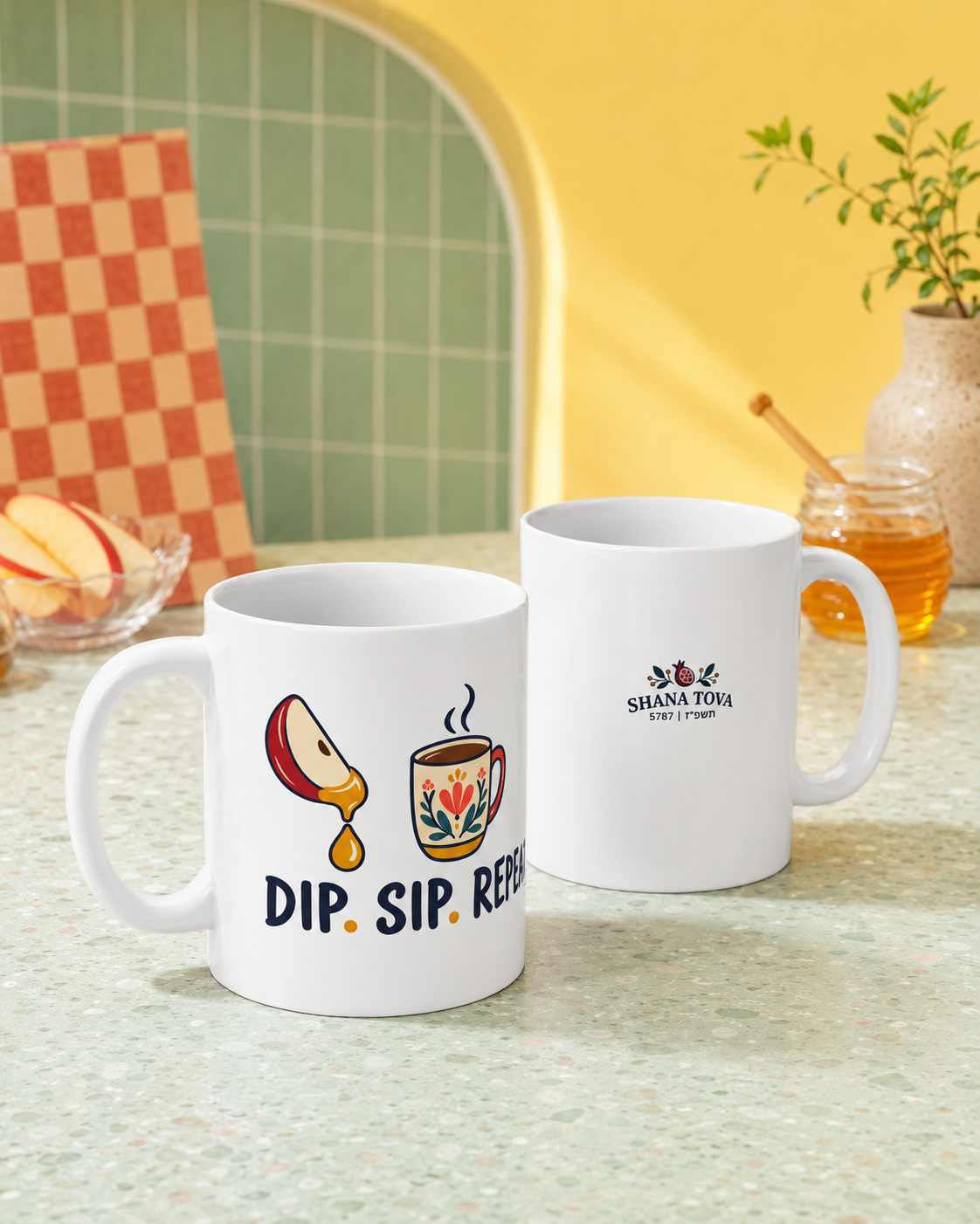 Rosh Hashanah Ceramic Mug — “Dip. Sip. Repeat.” Apple & Honey Jewish New Year Design, 11oz - Mug - Image 3
