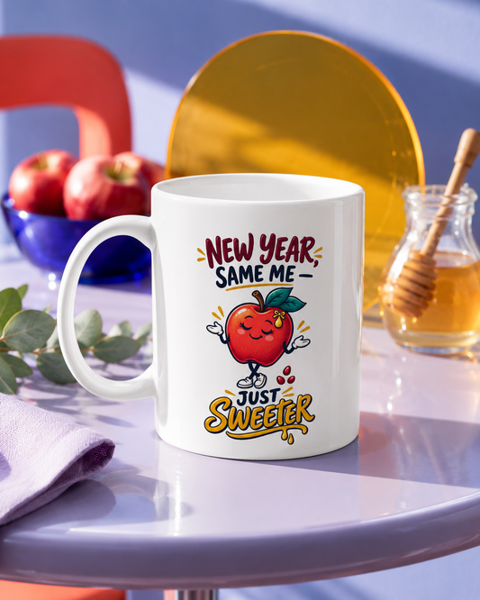 Rosh Hashanah Ceramic Mug — “New Year, Same Me — Just Sweeter” Funny Apple Design, 11oz - Mug - Image 1