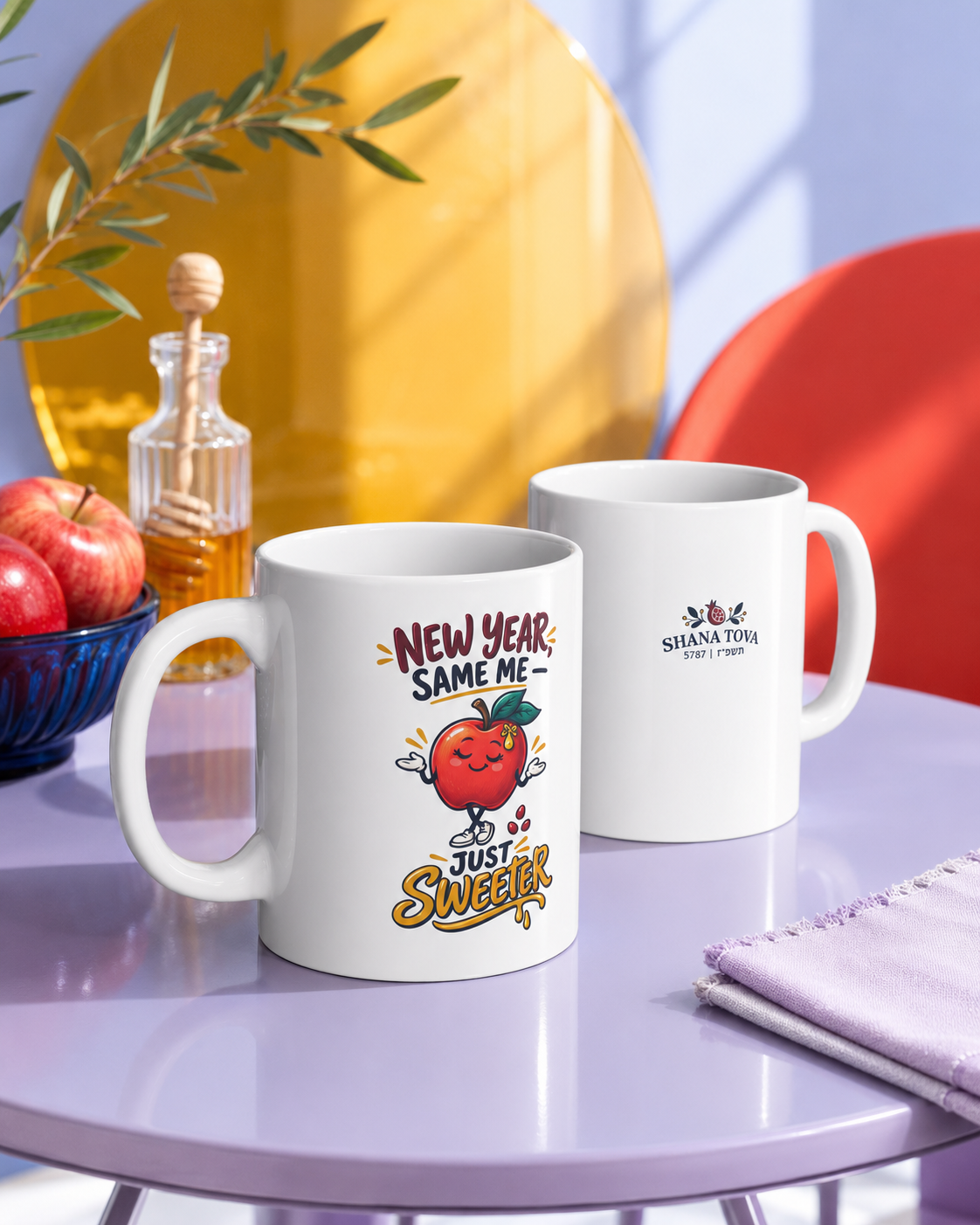 Rosh Hashanah Ceramic Mug — “New Year, Same Me — Just Sweeter” Funny Apple Design, 11oz - Mug - Image 2