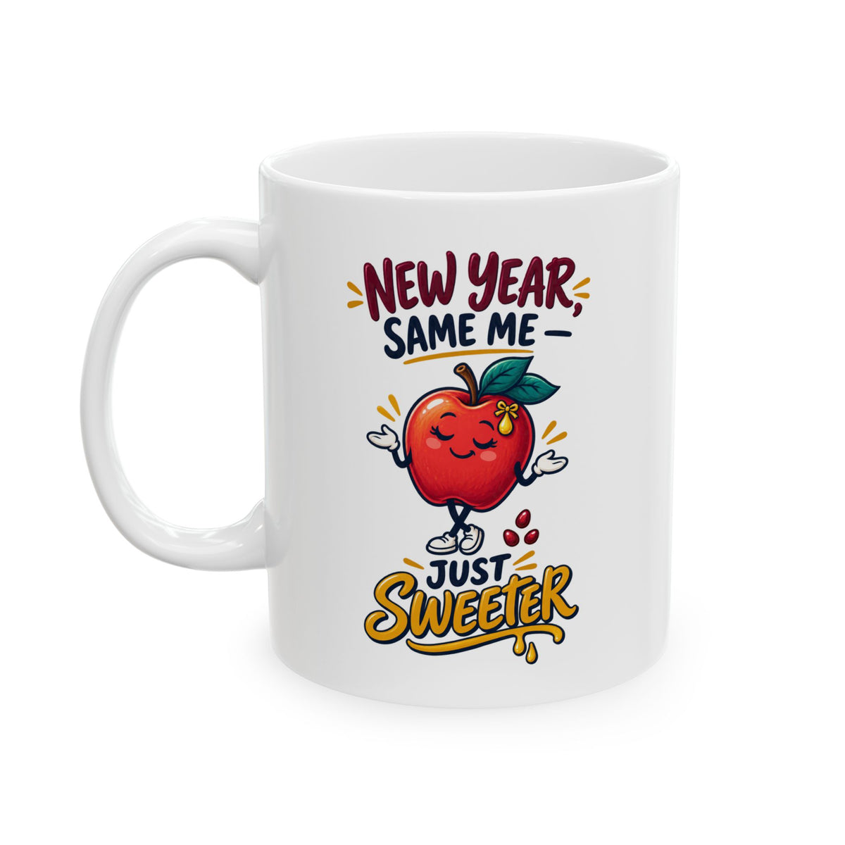 Rosh Hashanah Ceramic Mug — “New Year, Same Me — Just Sweeter” Funny Apple Design, 11oz - Mug - Image 3