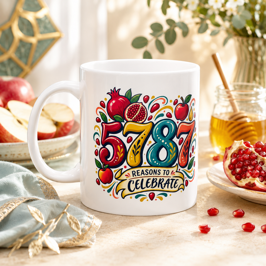 Rosh Hashanah 5787 Ceramic Mug — “Reasons to Celebrate” Colorful Jewish New Year Gift, 11oz - Mug - Image 1