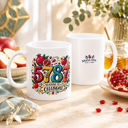 Rosh Hashanah 5787 Ceramic Mug — “Reasons to Celebrate” Colorful Jewish New Year Gift, 11oz - Mug - Image 2