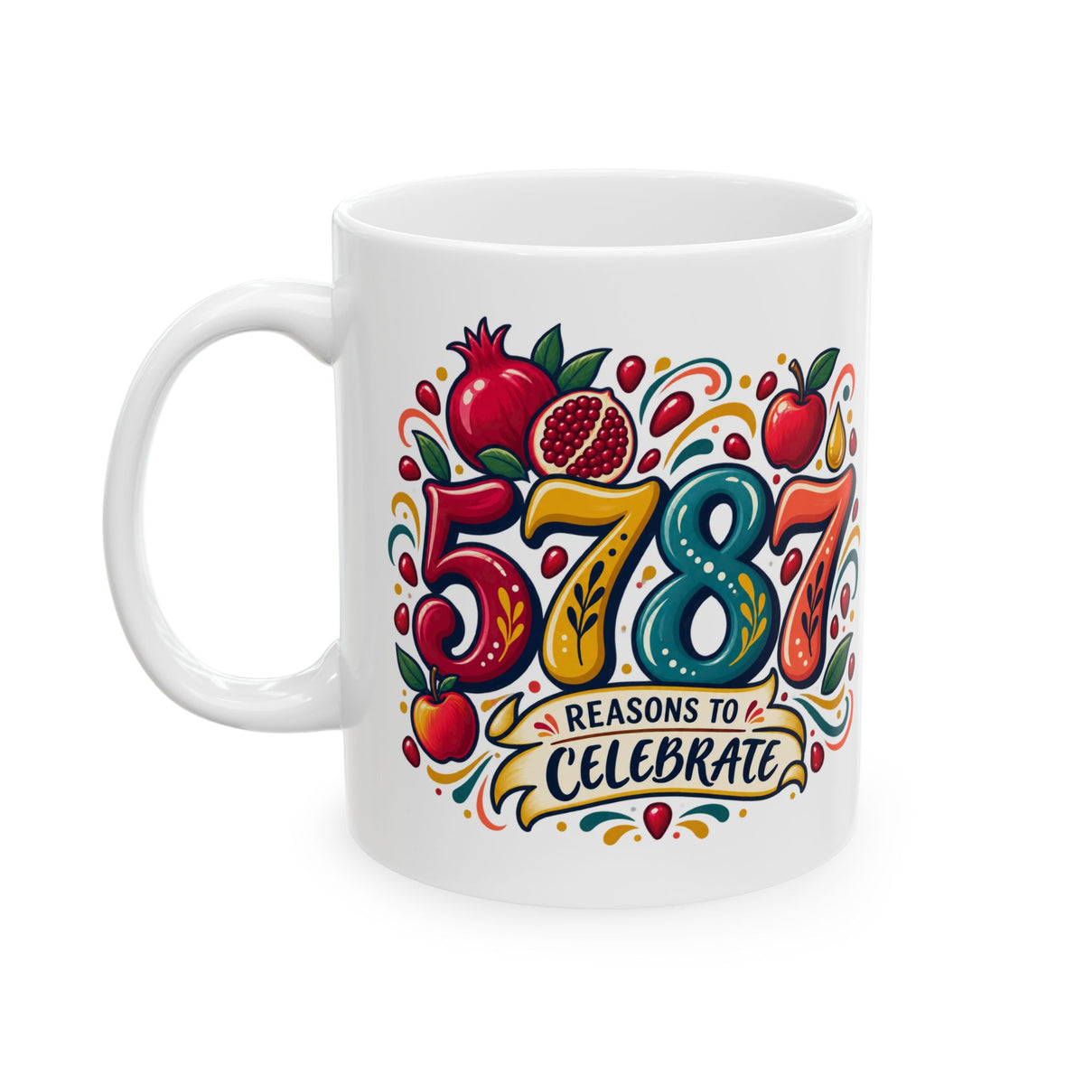 Rosh Hashanah 5787 Ceramic Mug — “Reasons to Celebrate” Colorful Jewish New Year Gift, 11oz - Mug - Image 3