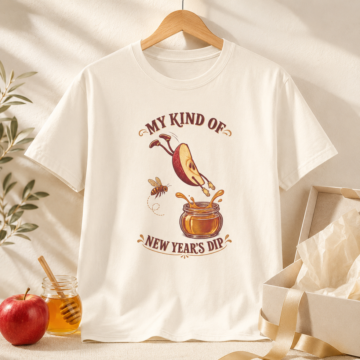 Rosh Hashanah T-Shirt — “My Kind of New Year’s Dip” Funny Apple & Honey Jewish Holiday Tee - T-Shirt - Image 1