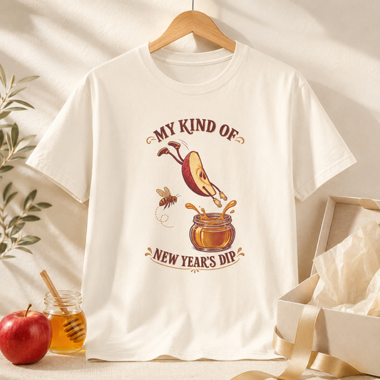 Rosh Hashanah T-Shirt — “My Kind of New Year’s Dip” Funny Apple & Honey Jewish Holiday Tee - T-Shirt - Image 1