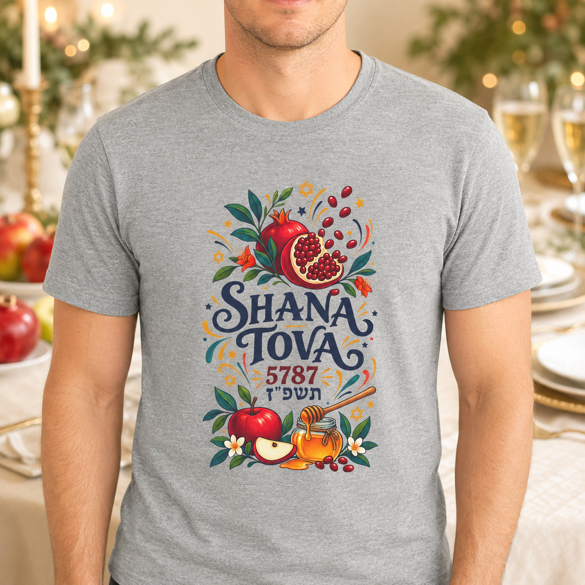 Unisex Rosh Hashanah T-Shirt — “Shana Tova 5787” Pomegranate, Apple & Honey Jewish Holiday Tee - T-Shirt - Image 1