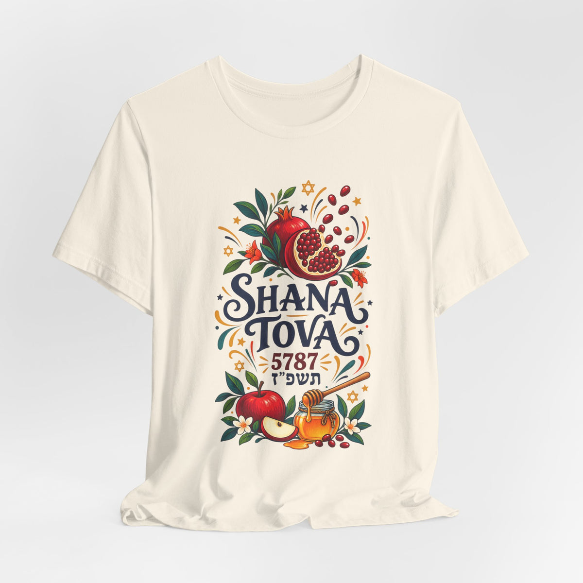 Unisex Rosh Hashanah T-Shirt — “Shana Tova 5787” Pomegranate, Apple & Honey Jewish Holiday Tee - T-Shirt - Image 3