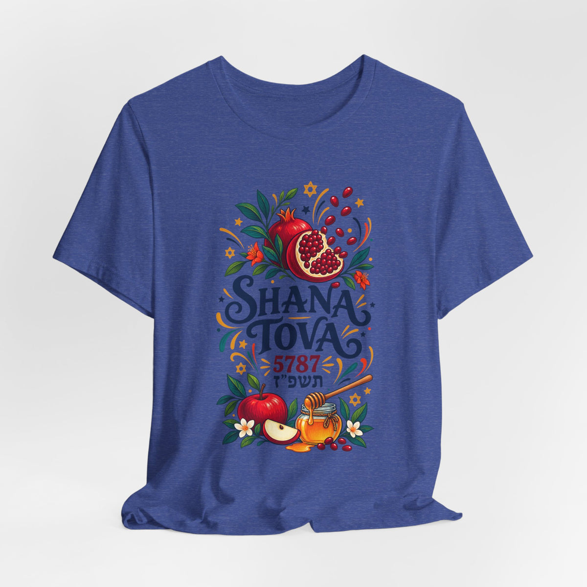 Unisex Rosh Hashanah T-Shirt — “Shana Tova 5787” Pomegranate, Apple & Honey Jewish Holiday Tee - T-Shirt - Image 4