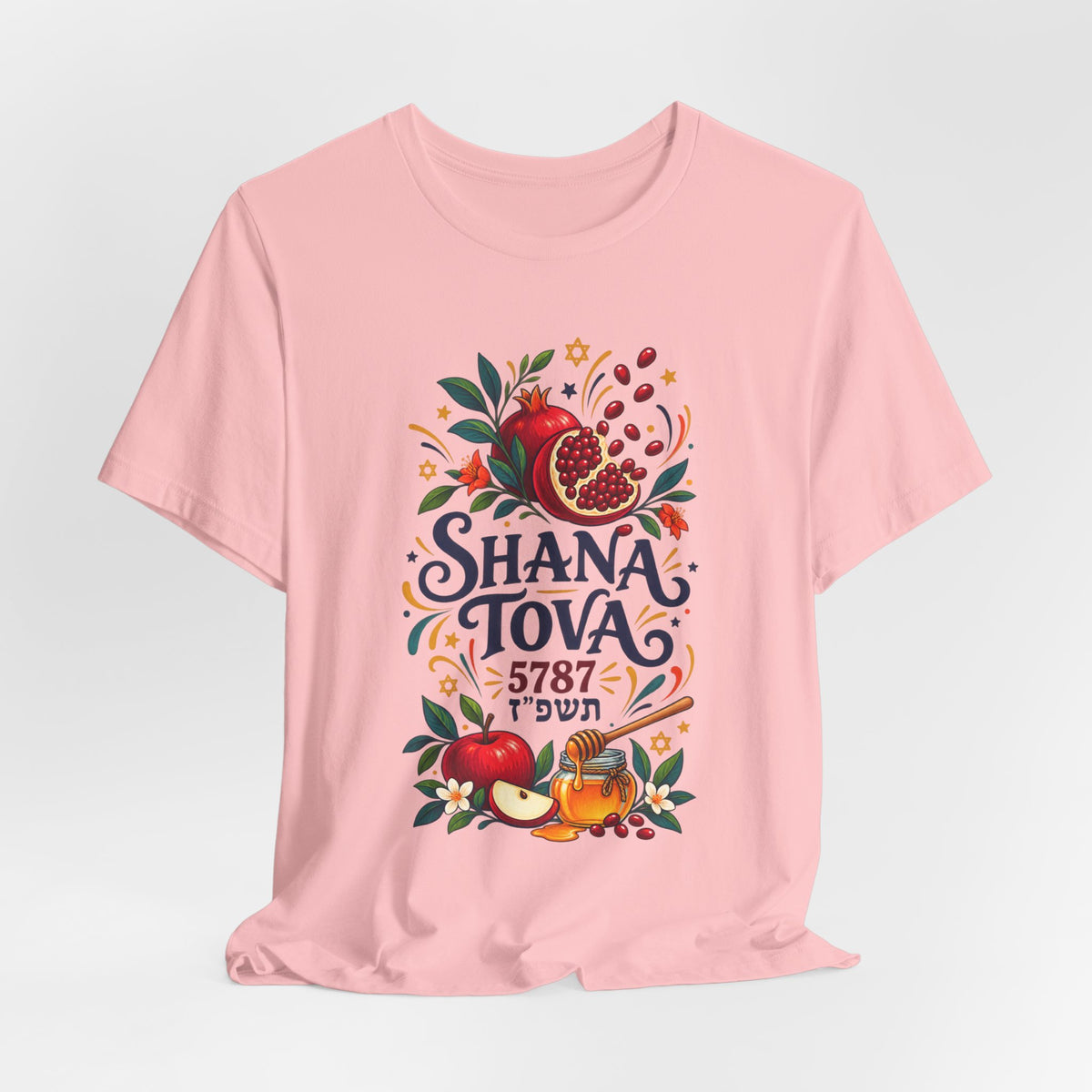 Unisex Rosh Hashanah T-Shirt — “Shana Tova 5787” Pomegranate, Apple & Honey Jewish Holiday Tee - T-Shirt - Image 5