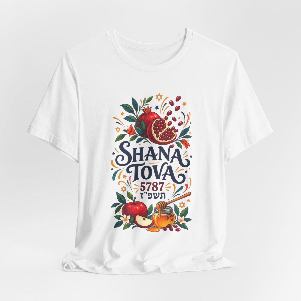 Unisex Rosh Hashanah T-Shirt — “Shana Tova 5787” Pomegranate, Apple & Honey Jewish Holiday Tee - T-Shirt - Image 2
