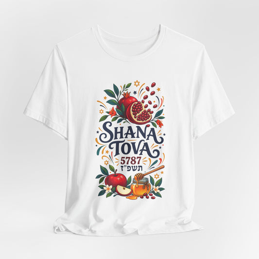 Unisex Rosh Hashanah T-Shirt — “Shana Tova 5787” Pomegranate, Apple & Honey Jewish Holiday Tee - T-Shirt - Image 2