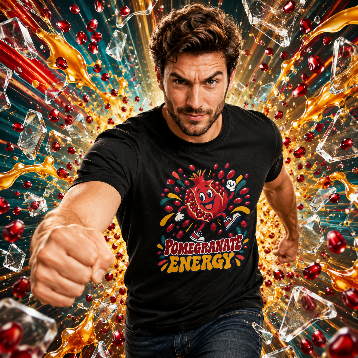 Unisex Pomegranate Energy T-Shirt — Funny Rosh Hashanah Fruit Cartoon Jewish Holiday Tee - T-Shirt - Image 1