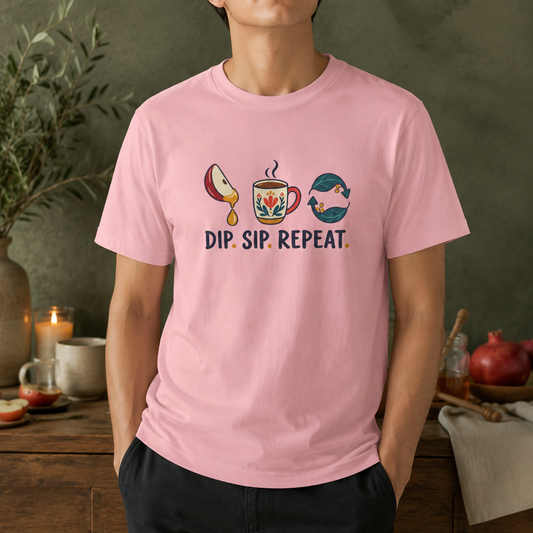 Unisex Rosh Hashanah T-Shirt — “Dip. Sip. Repeat.” Apple, Honey & Tea Jewish Holiday Tee - T-Shirt - Image 1