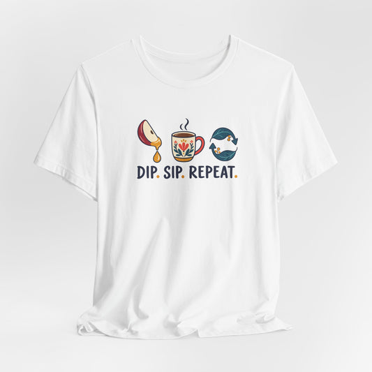Unisex Rosh Hashanah T-Shirt — “Dip. Sip. Repeat.” Apple, Honey & Tea Jewish Holiday Tee - T-Shirt - Image 2