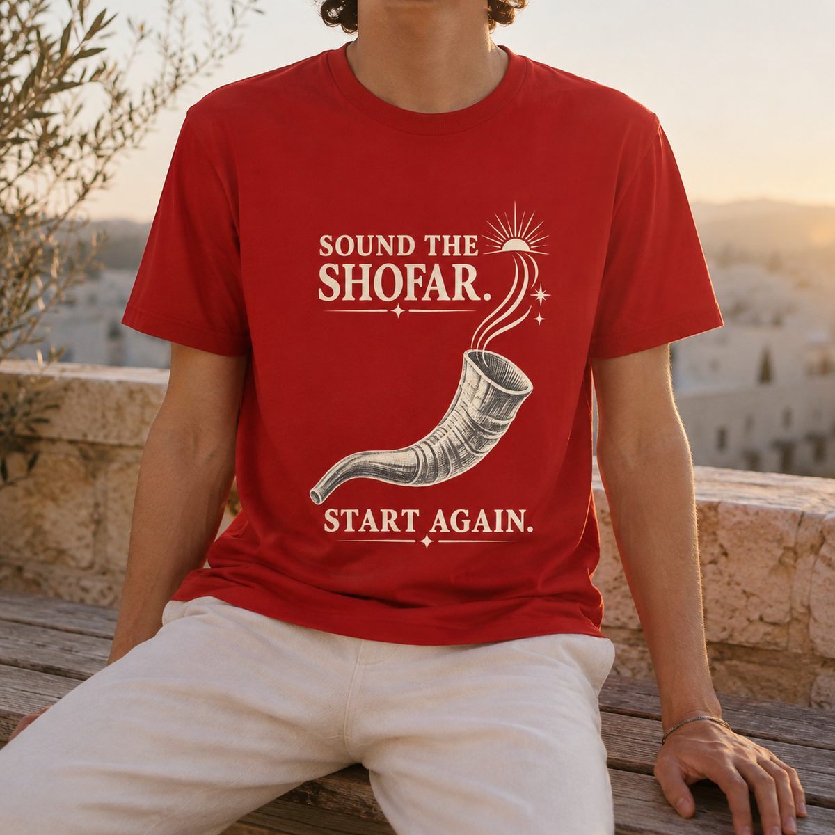Sound the Shofar. Start Again. Unisex T-Shirt — Vintage Rosh Hashanah Renewal Tee - T-Shirt - Image 1