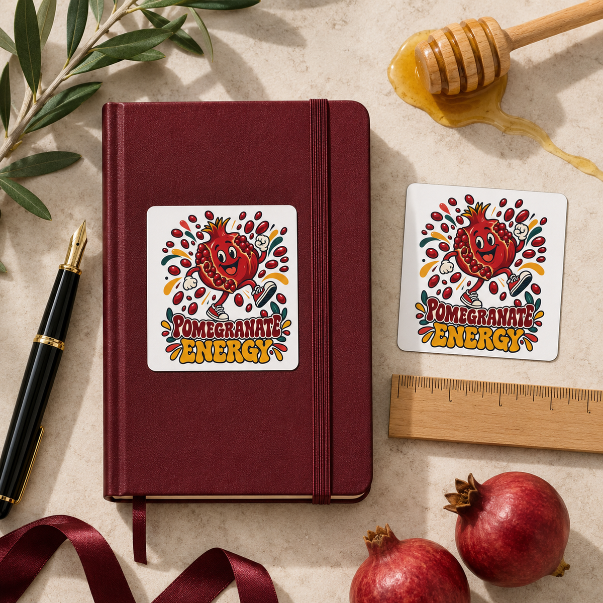 Pomegranate Energy Sticker — Retro Rosh Hashanah Fruit Decal, 2×2 Inch - Paper products - Image 2