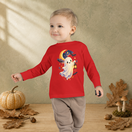 Friendly Little Ghost Toddler Long Sleeve T-Shirt — Cute Halloween Lantern Tee - Kids clothes - Image 1