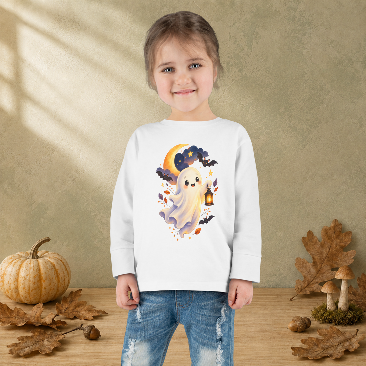 Friendly Little Ghost Toddler Long Sleeve T-Shirt — Cute Halloween Lantern Tee - Kids clothes - Image 2