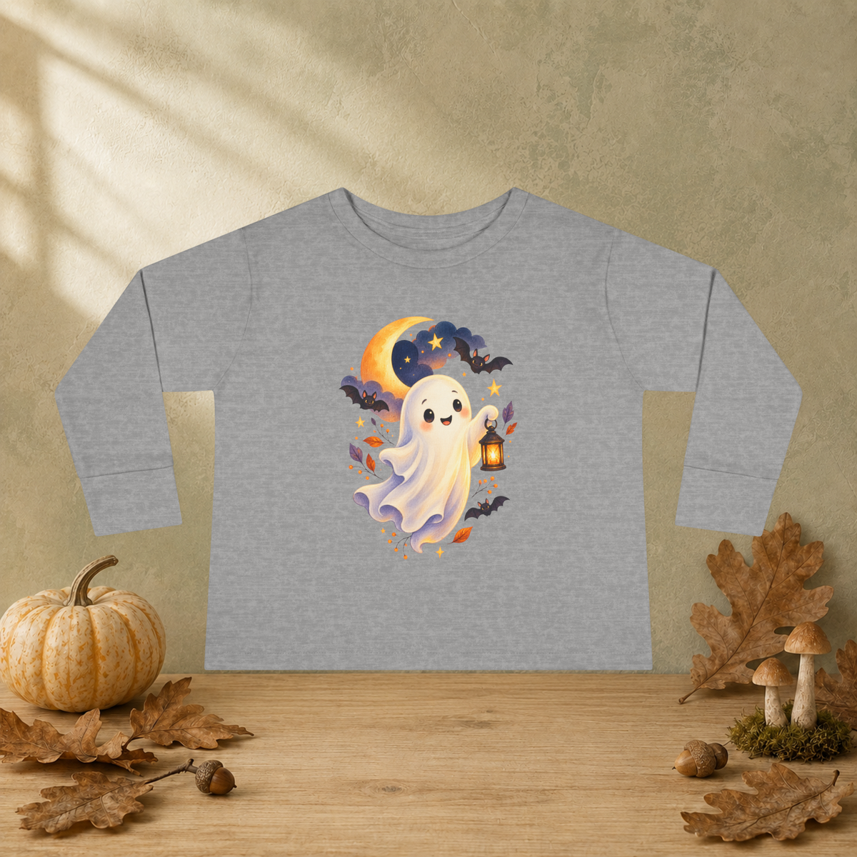 Friendly Little Ghost Toddler Long Sleeve T-Shirt — Cute Halloween Lantern Tee - Kids clothes - Image 3