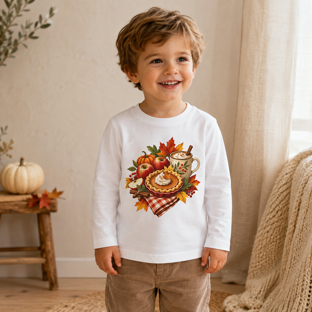 Toddler Thanksgiving Long Sleeve Shirt – Pumpkin Pie & Cozy Autumn Mug - Kids clothes - Image 2