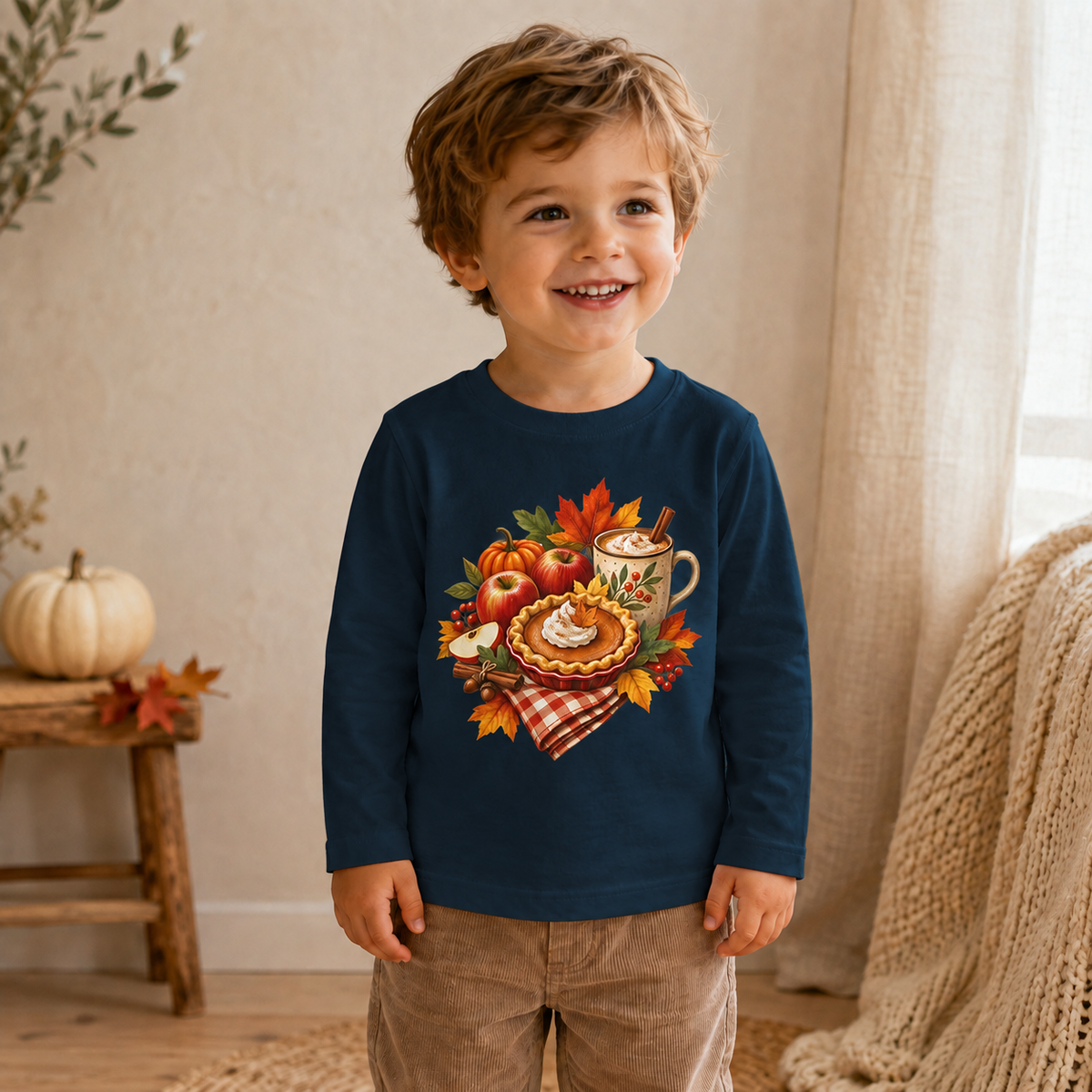 Toddler Thanksgiving Long Sleeve Shirt – Pumpkin Pie & Cozy Autumn Mug - Kids clothes - Image 7