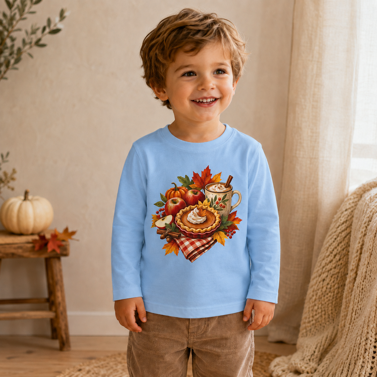 Toddler Thanksgiving Long Sleeve Shirt – Pumpkin Pie & Cozy Autumn Mug - Kids clothes - Image 4