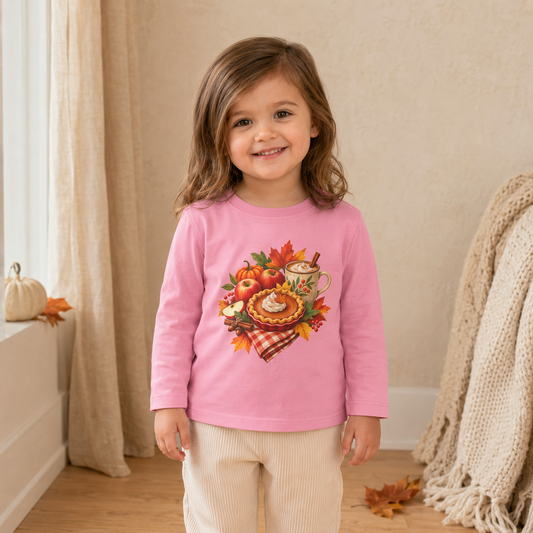 Toddler Thanksgiving Long Sleeve Shirt – Pumpkin Pie & Cozy Autumn Mug - Kids clothes - Image 1